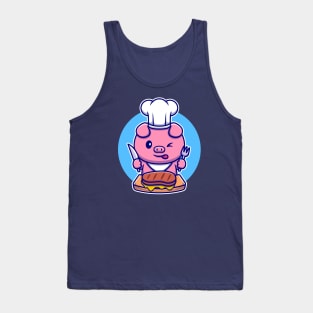 Cute Pig Chef Eating Beef Steak Cartoon Tank Top